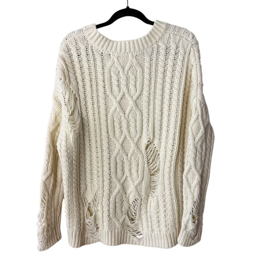 Revolve JOA Distressed Cable Knit Sweater Womens S Cream Oversized Pullover Edgy